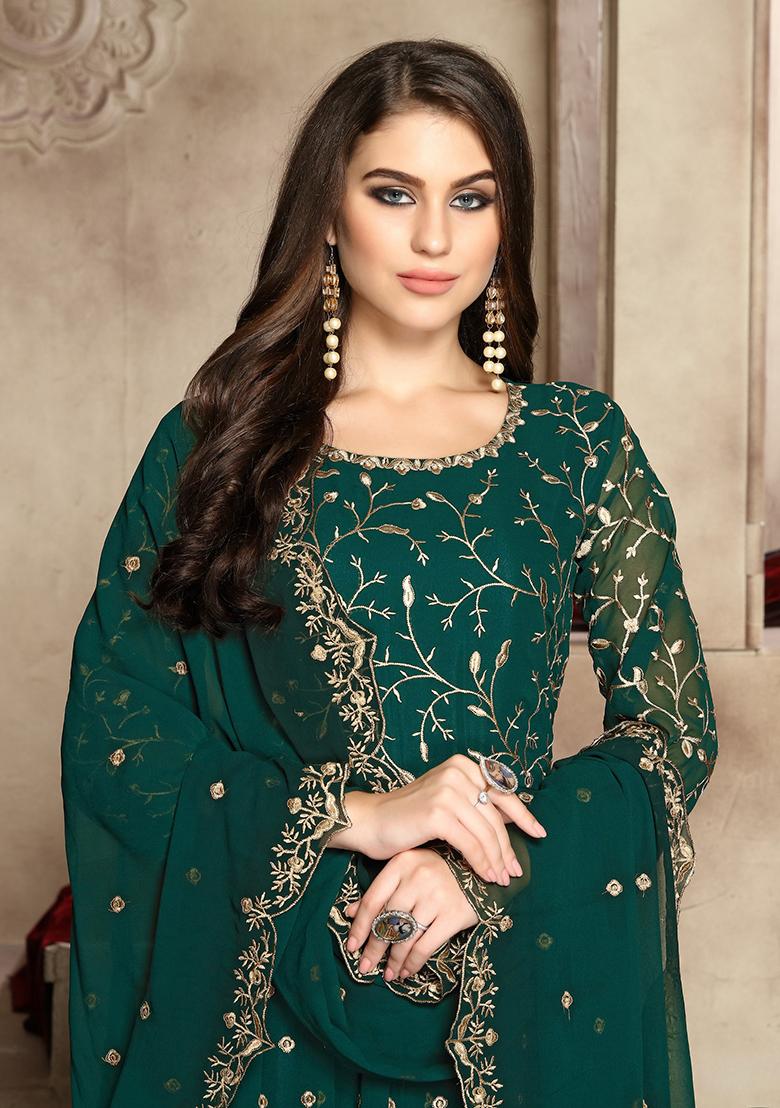 Teal Embroidered Faux Georgette Anarkali Kurta Set
