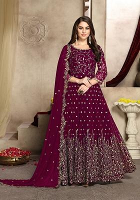 Wine Embroidered Faux Georgette Anarkali Kurta Set