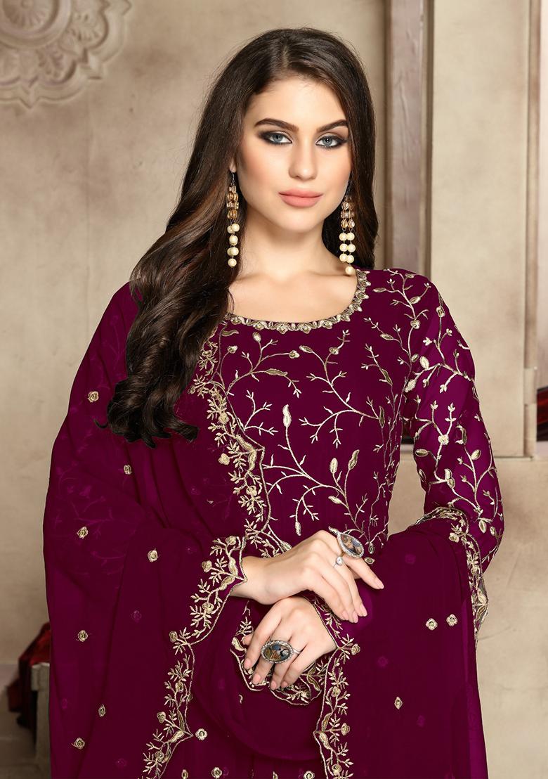 Wine Embroidered Faux Georgette Anarkali Kurta Set