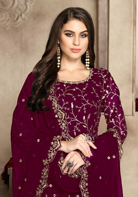 Women’s Wine Georgette Kurta Set – Elegant Ethnic Wear for Weddings & Festive Occasions