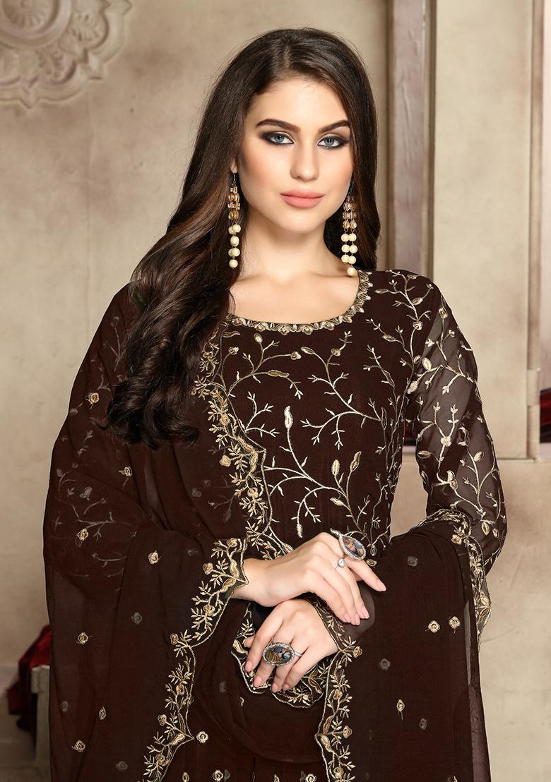 Coffee Brown Embroidered Faux Georgette Anarkali Kurta Set