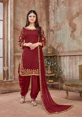Maroon Embroidered Silk Kurta Set