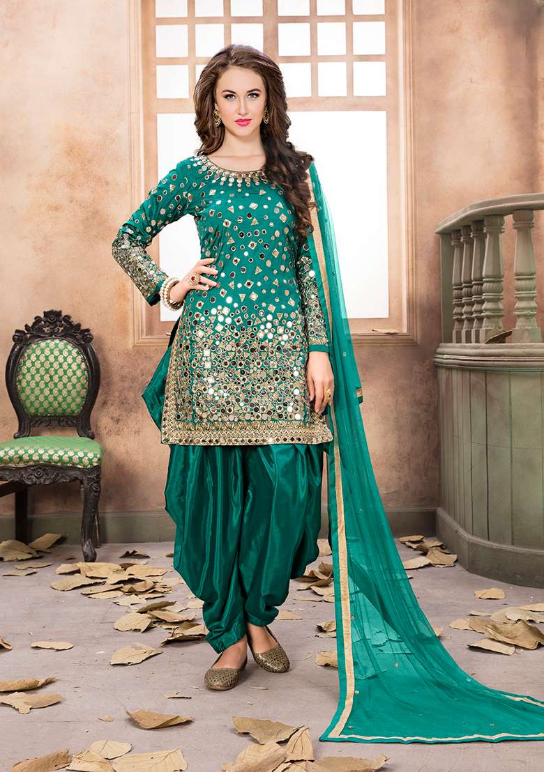 Teal Mirror Work Silk Blend Punjabi Suit - Indya