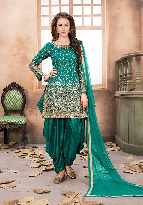 Teal Embroidered Silk Kurta Set