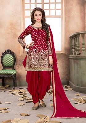 Red Embroidered Silk Blend Kurta Set