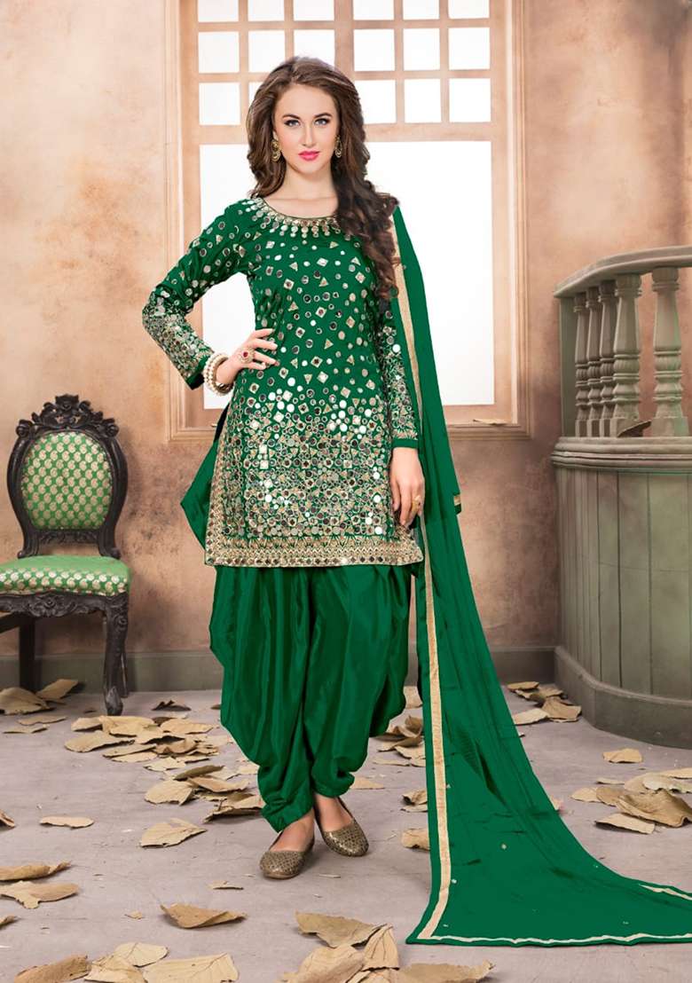 Green Embroidered Silk Kurta Set - Indya