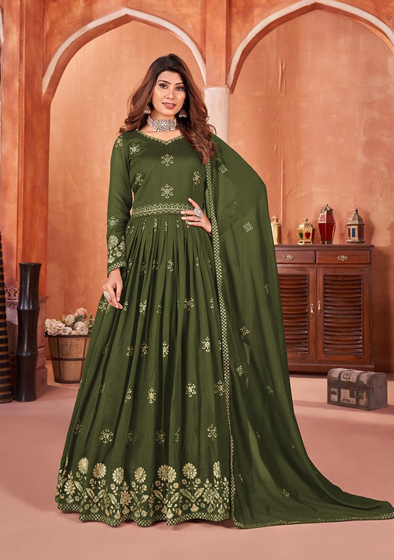 Mehendi Embroidered Art Silk Anarkali Kurta Set