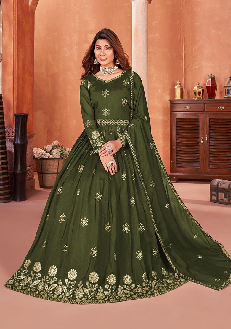 Mehendi Embroidered Art Silk Anarkali Kurta Set