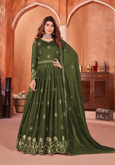 Mehendi Embroidered Art Silk Anarkali Kurta Set