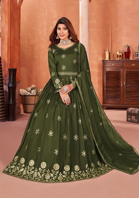 Mehendi Embroidered Art Silk Anarkali Kurta Set