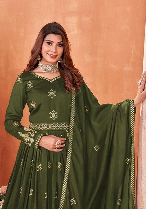 Mehendi Embroidered Art Silk Anarkali Kurta Set