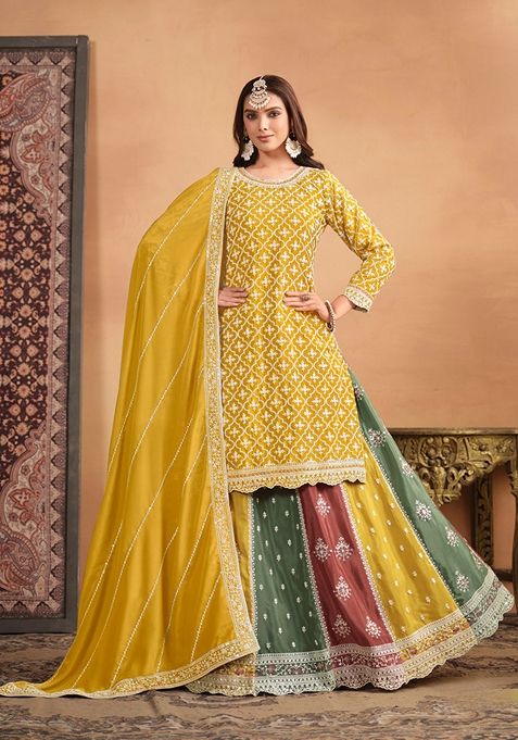 Yellow Embroidered Pure Silk Blend Sharara Set