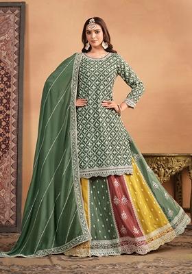 Light Green Embroidered Pure Silk Blend Sharara Set
