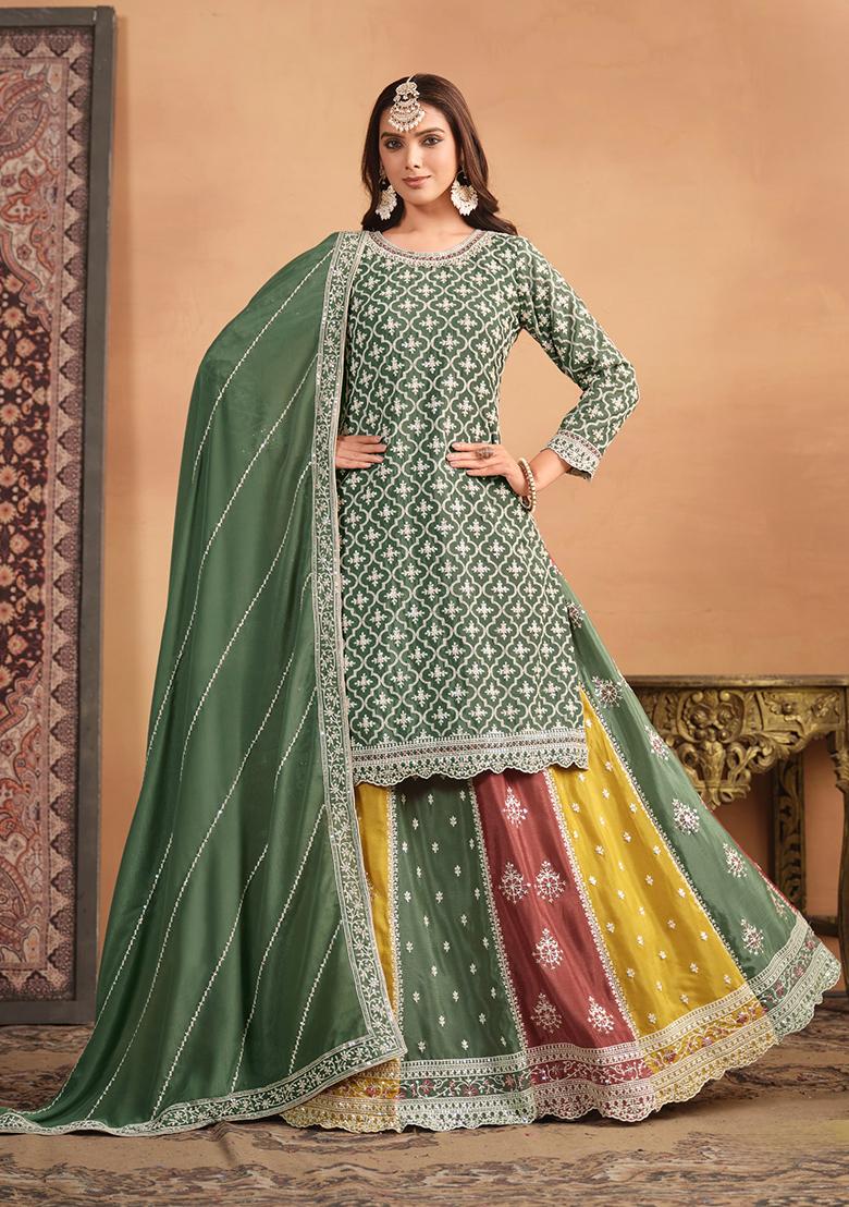 Light Green Embroidered Pure Silk Blend Sharara Set