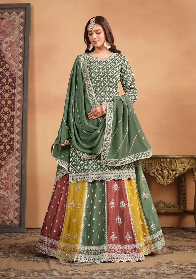 Light Green Embroidered Pure Silk Blend Sharara Set