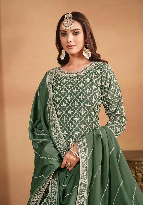 Light Green Embroidered Pure Silk Blend Sharara Set