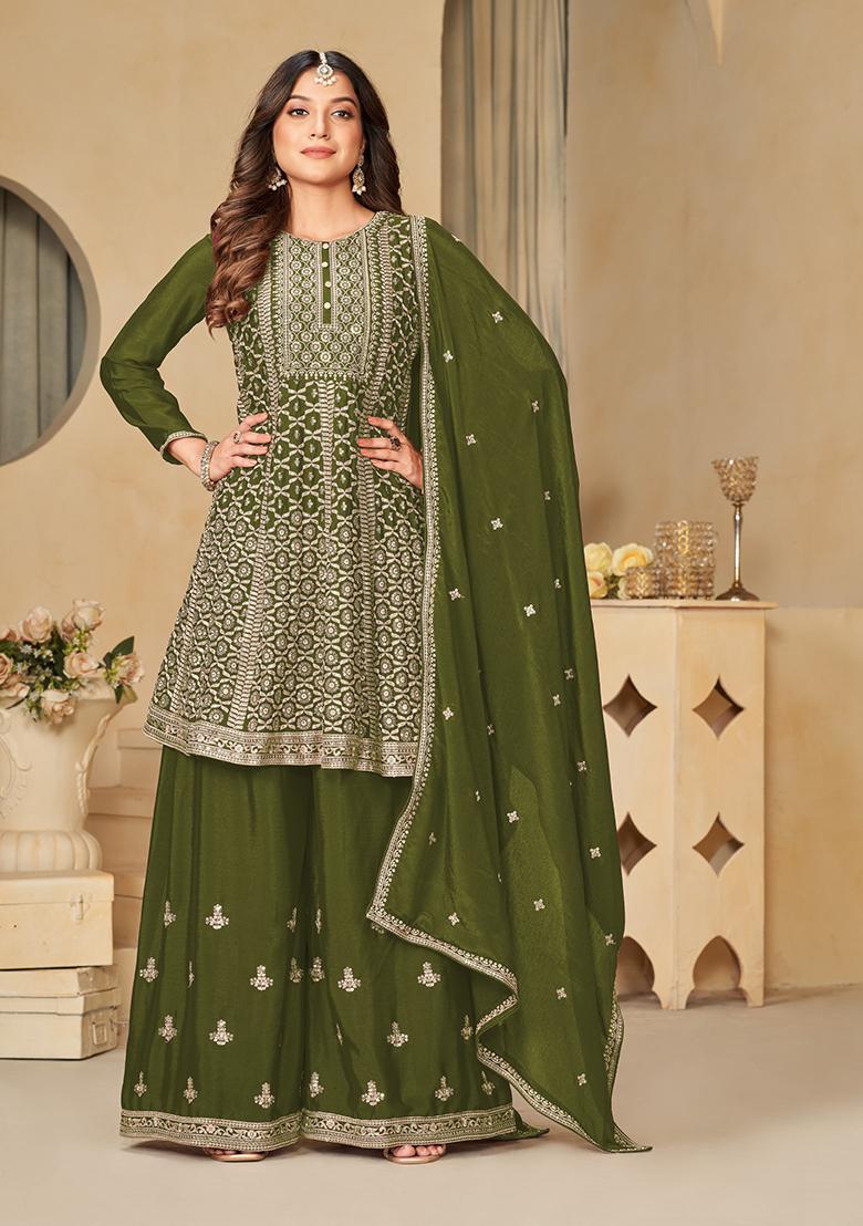 Mehendi Embroidered Pure Silk Blend Sharara Set