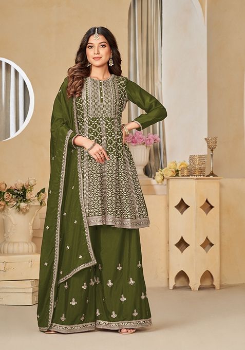 Mehendi Embroidered Pure Silk Blend Sharara Set