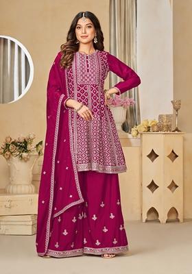 Pink Embroidered Pure Silk Blend Sharara Set