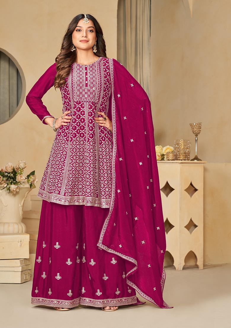 Pink Embroidered Pure Silk Blend Sharara Set