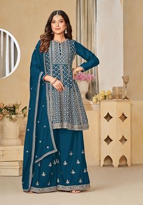 Teal Embroidered Pure Silk Blend Sharara Set