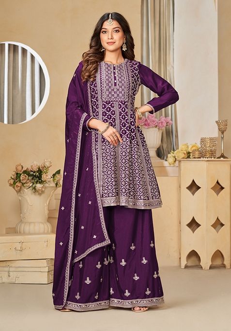 Purple Embroidered Pure Silk Blend Sharara Set