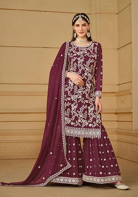 Wine Embroidered Faux Georgette Sharara Set