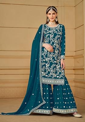 Teal Embroidered Faux Georgette Sharara Set