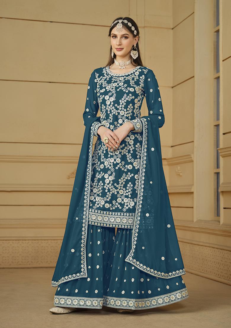 Teal Embroidered Faux Georgette Sharara Set