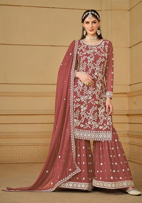 Brown Embroidered Faux Georgette Sharara Set