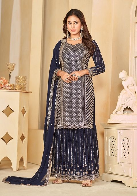 Navy Blue Embroidered Faux Georgette Sharara Set