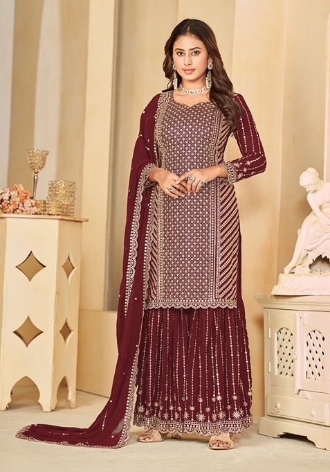 Maroon Embroidered Faux Georgette Sharara Set