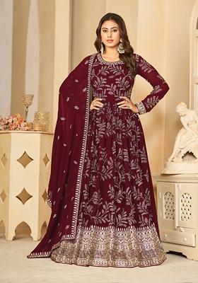Maroon Embroidered Faux Georgette Anarkali Kurta Set