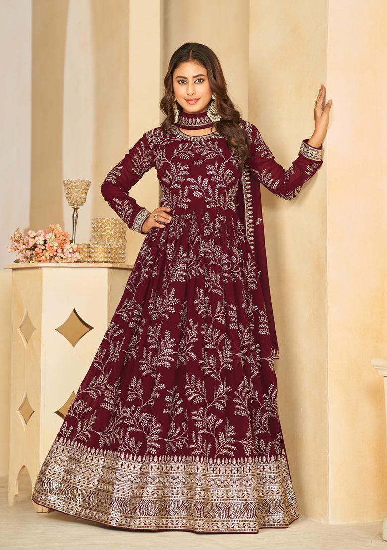 Maroon Embroidered Faux Georgette Anarkali Kurta Set