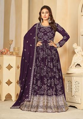 Dark Purple Embroidered Faux Georgette Anarkali Kurta Set