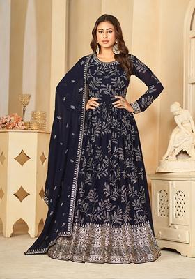 Navy Blue Embroidered Faux Georgette Anarkali Kurta Set