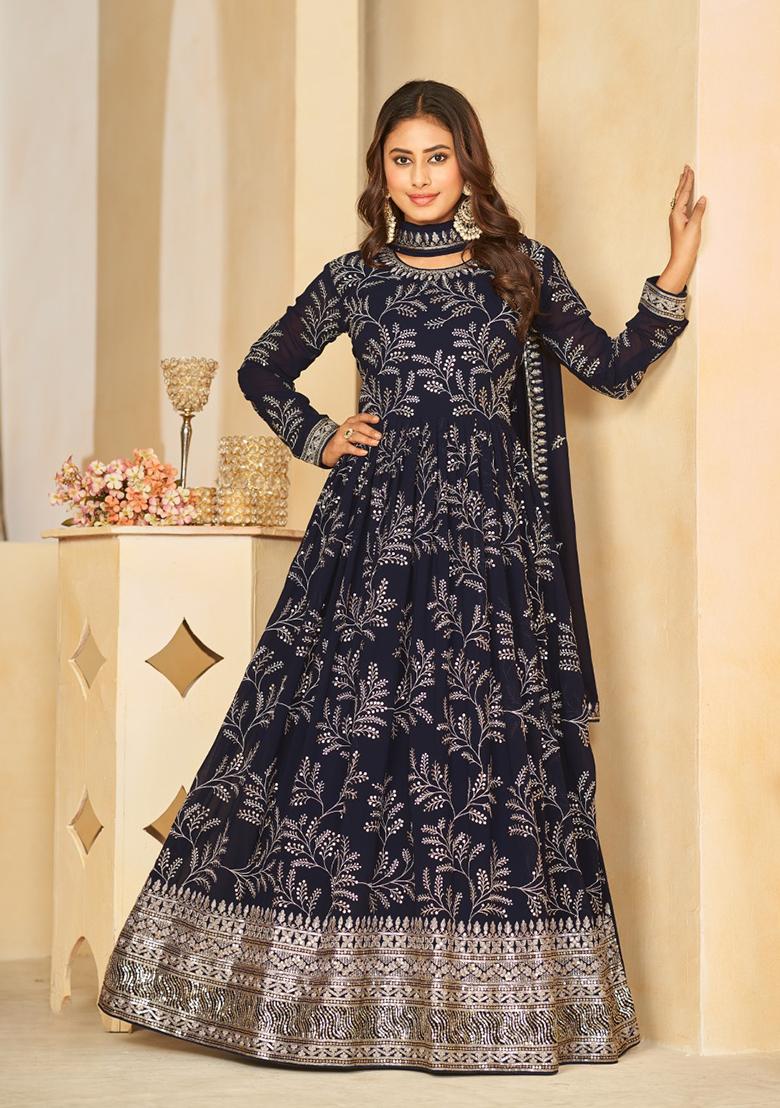 Navy Blue Embroidered Faux Georgette Anarkali Kurta Set