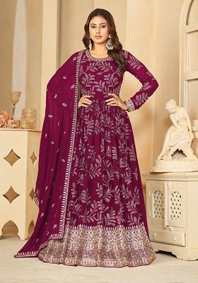 Purple Embroidered Faux Georgette Anarkali Kurta Set
