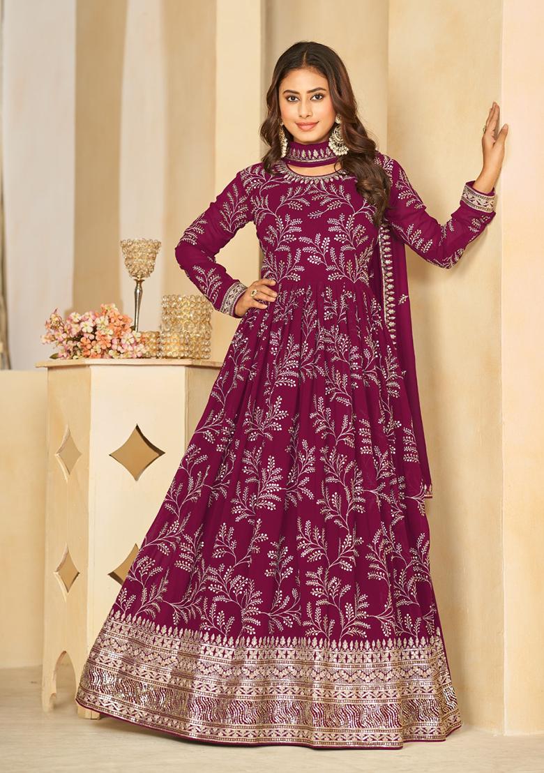 Purple Embroidered Faux Georgette Anarkali Kurta Set