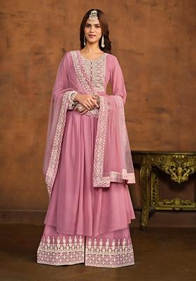 Pink Embroidered Faux Georgette Kurta Set