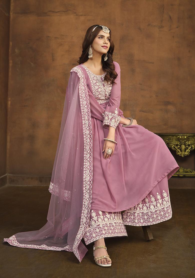 Pink Embroidered Faux Georgette Kurta Set