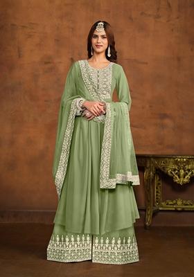 Light Green Embroidered Faux Georgette Kurta Set