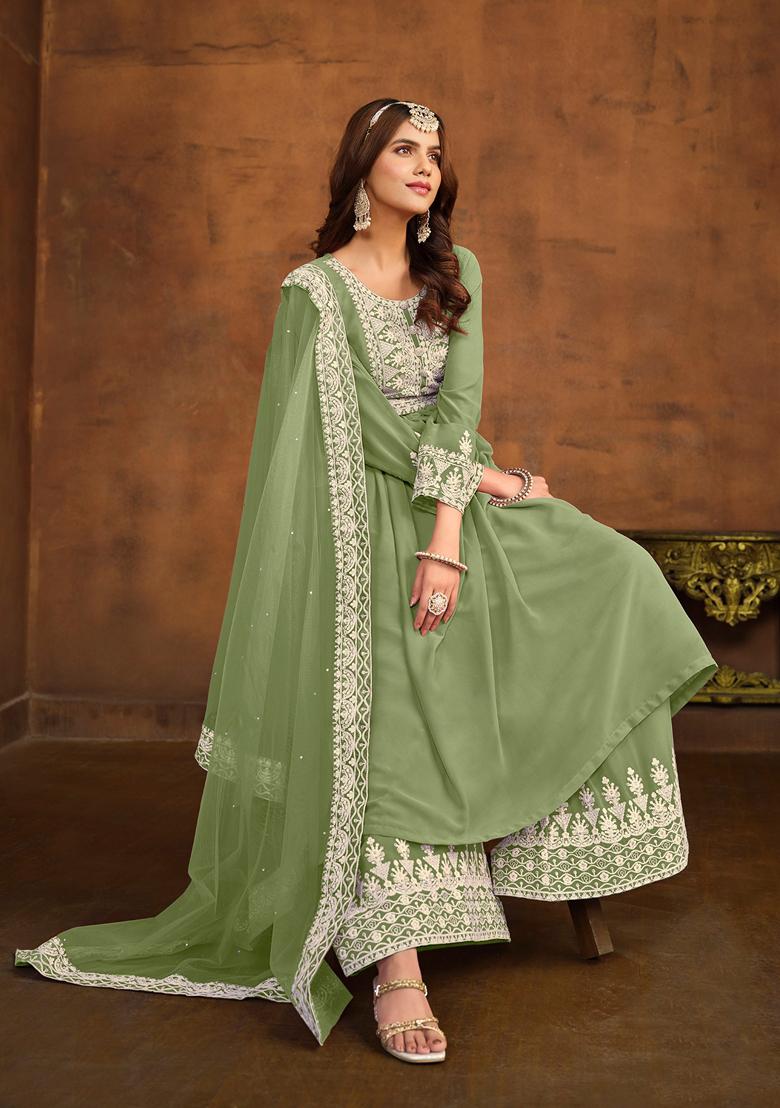 Light Green Embroidered Faux Georgette Kurta Set