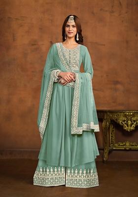 Sky Blue Embroidered Faux Georgette Kurta Set
