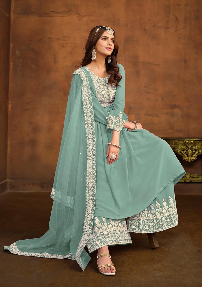 Sky Blue Embroidered Faux Georgette Kurta Set
