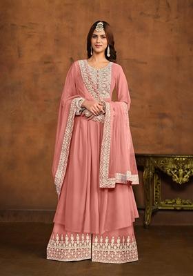 Peach Embroidered Faux Georgette Kurta Set