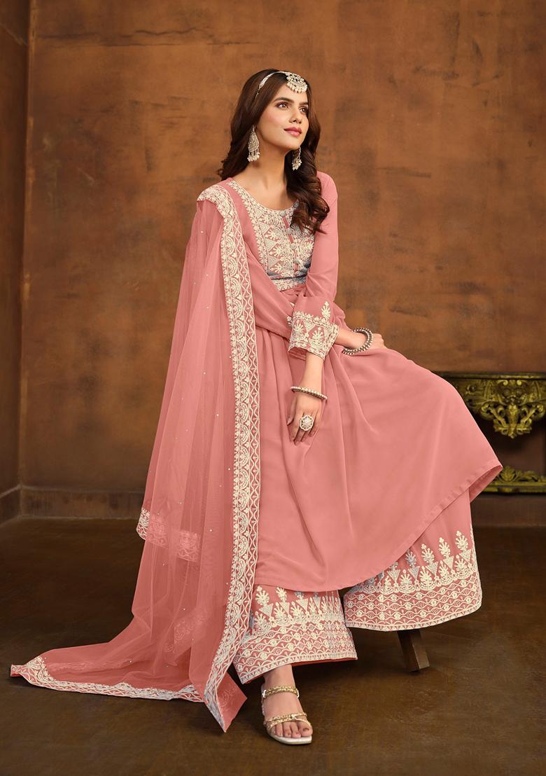 Peach Embroidered Faux Georgette Kurta Set