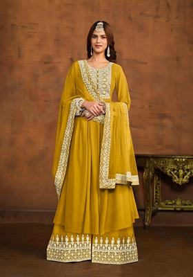 Mustard Embroidered Faux Georgette Kurta Set