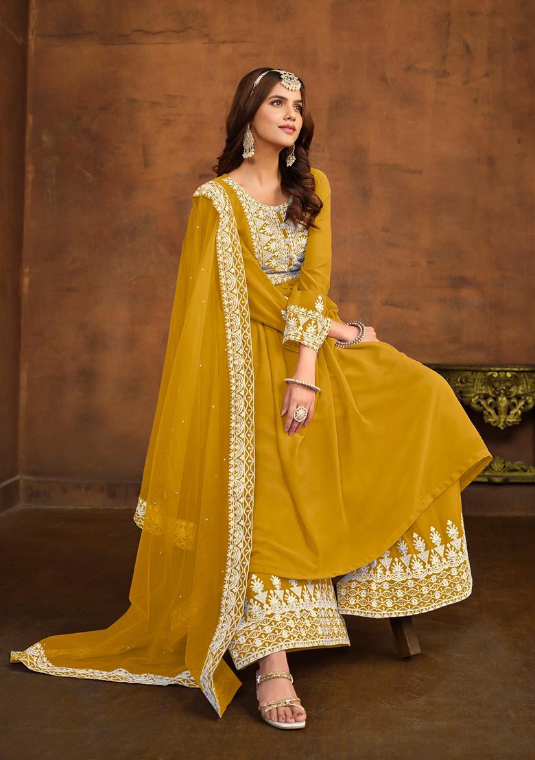 Mustard Embroidered Faux Georgette Kurta Set