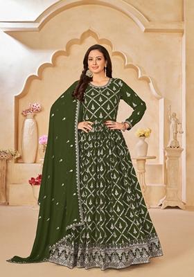Mehendi Embroidered Faux Georgette Anarkali Kurta Set